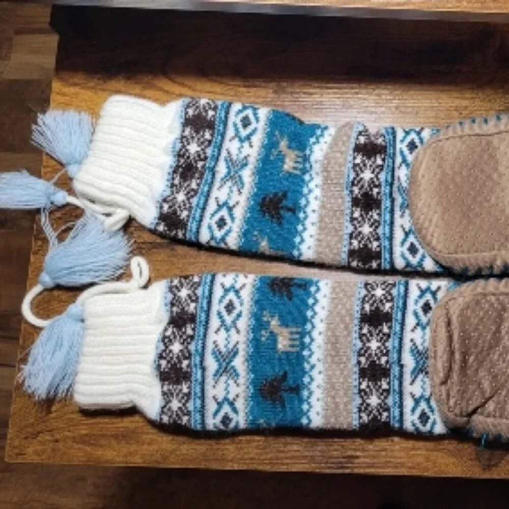 Blue and Brown Slipper Sock Booties Deer Pattern OS Fits Most